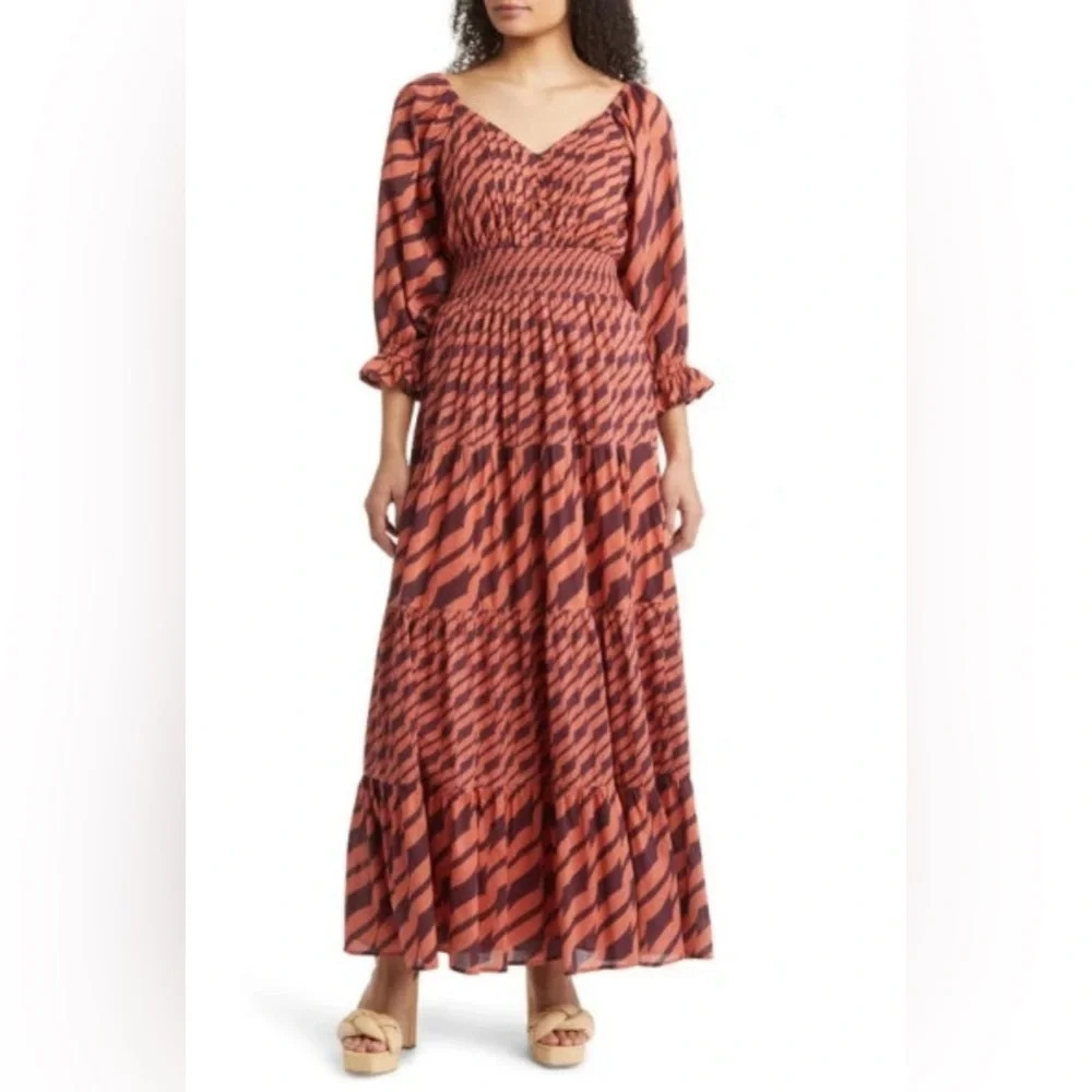 DU PARADIS Maroon and rust striped deep V maxi dress size L